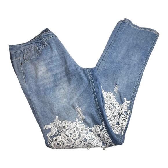 V GOLD Distressed JEANS Women's 16-1/2+ Lace Embellished Stretch Skinny Leg Blue - Picture 2 of 12